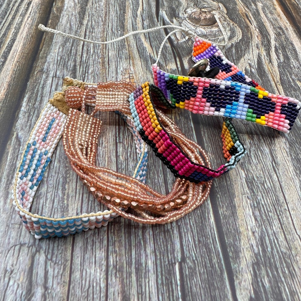 Boho Seed Bead Bracelet Lot 4 Multicolor Woven Cuff Layering Festival Jewelry
